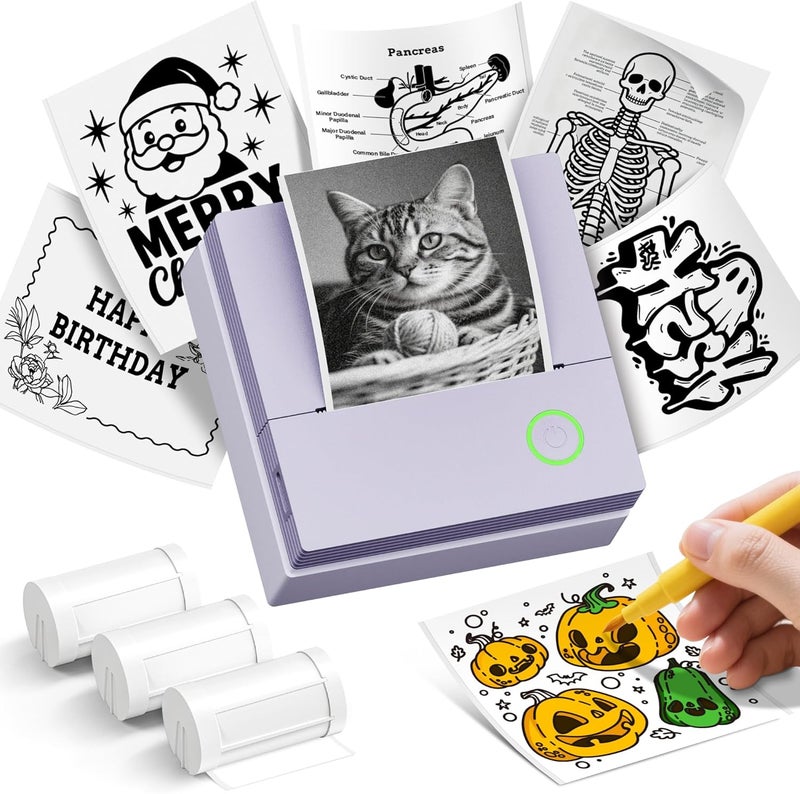 ETIKEZ Sticker Printer, PM290C Portable Mini Printer, Inkless Bluetooth Sticker Maker with 3 Rolls Paper, Impresora Portátil for Notes, Journal, DIY, Gift, Print Pod for School/Office/Home, Purple - Image 1